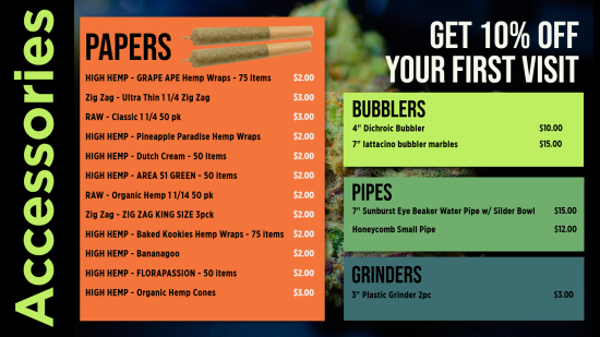 Dispensary Accessories Menu Design | Cannamako Cannabis (Marijuana) digital menu maker