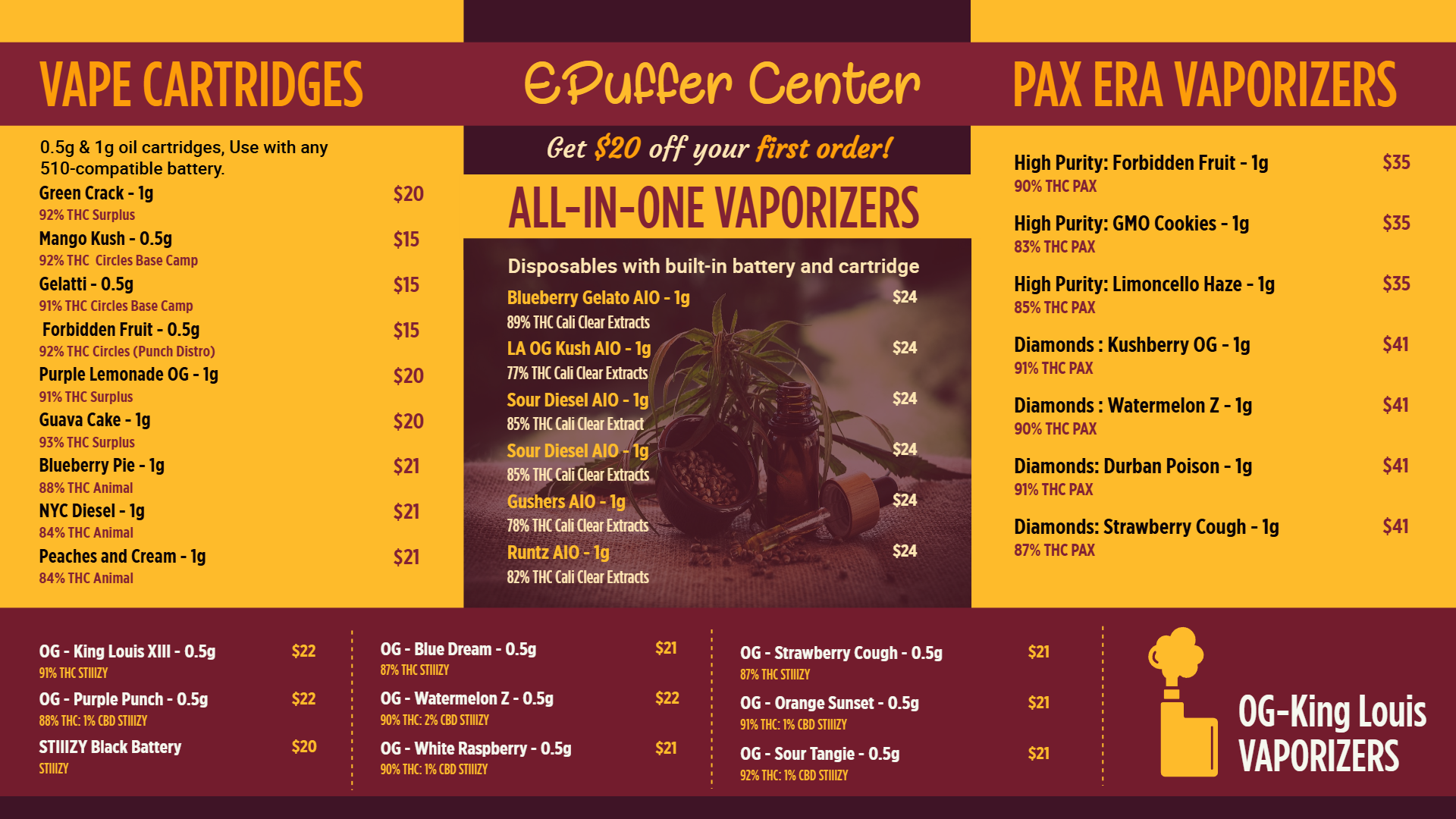 Best vapes digital menu Template | Cannamako Marijuana menu design tool