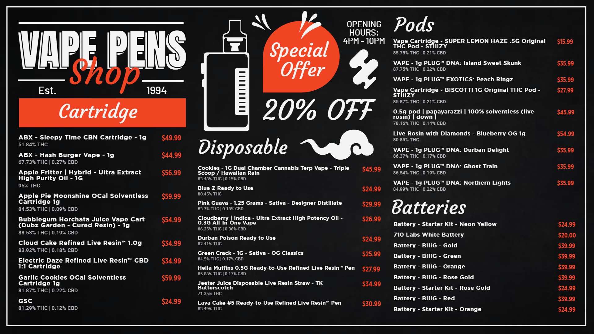 Cannabis (Marijuana) dispensary vape pen menu design | Cannamako Marijuana menu design tool