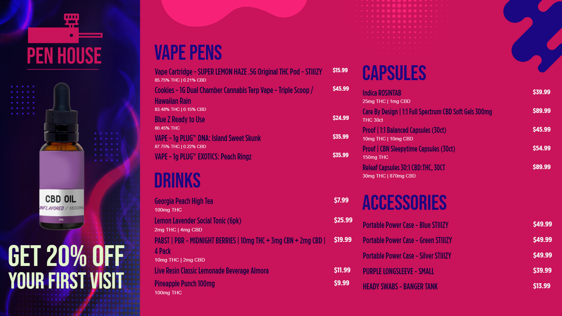 Marijuana dispensary vape pens menu | Cannamako Marijuana menu design tool