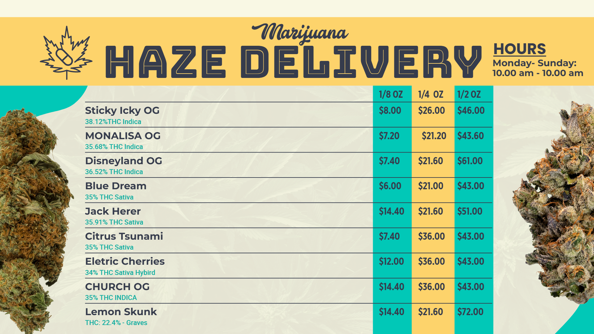 Simple flower digital menu design template | Cannamako Marijuana menu design tool