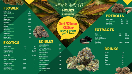 Dispensary Marijuana Digital Menu Template | Cannamako Cannabis (Marijuana) digital menu maker