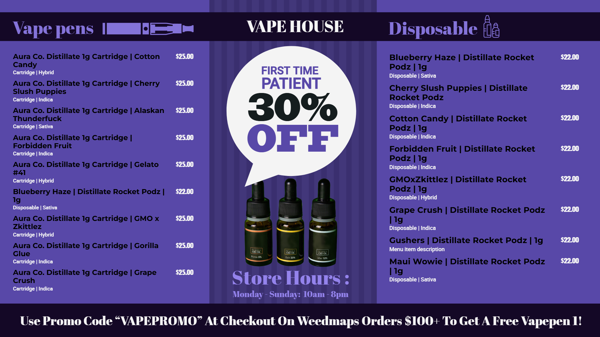 Dispensary Vape Menu | Cannamako Marijuana menu design tool