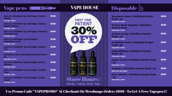 Dispensary Vape Menu | Cannamako Cannabis (Marijuana) dispensary menu maker