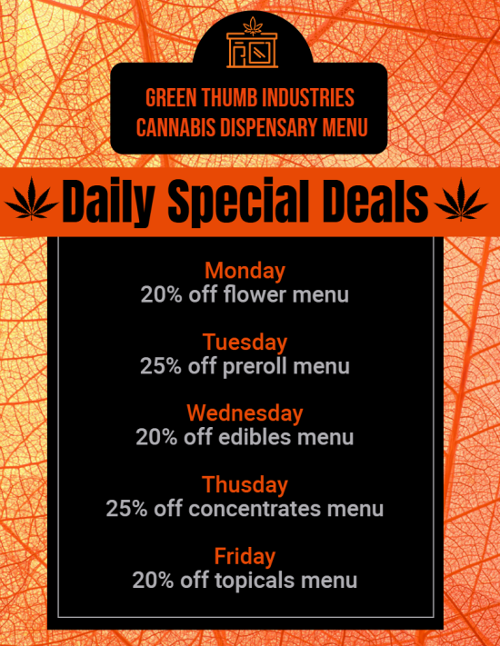 Cannabis Dispensary Flyers, Deals & Menus | Cannamako Cannabis (Marijuana) digital menu maker