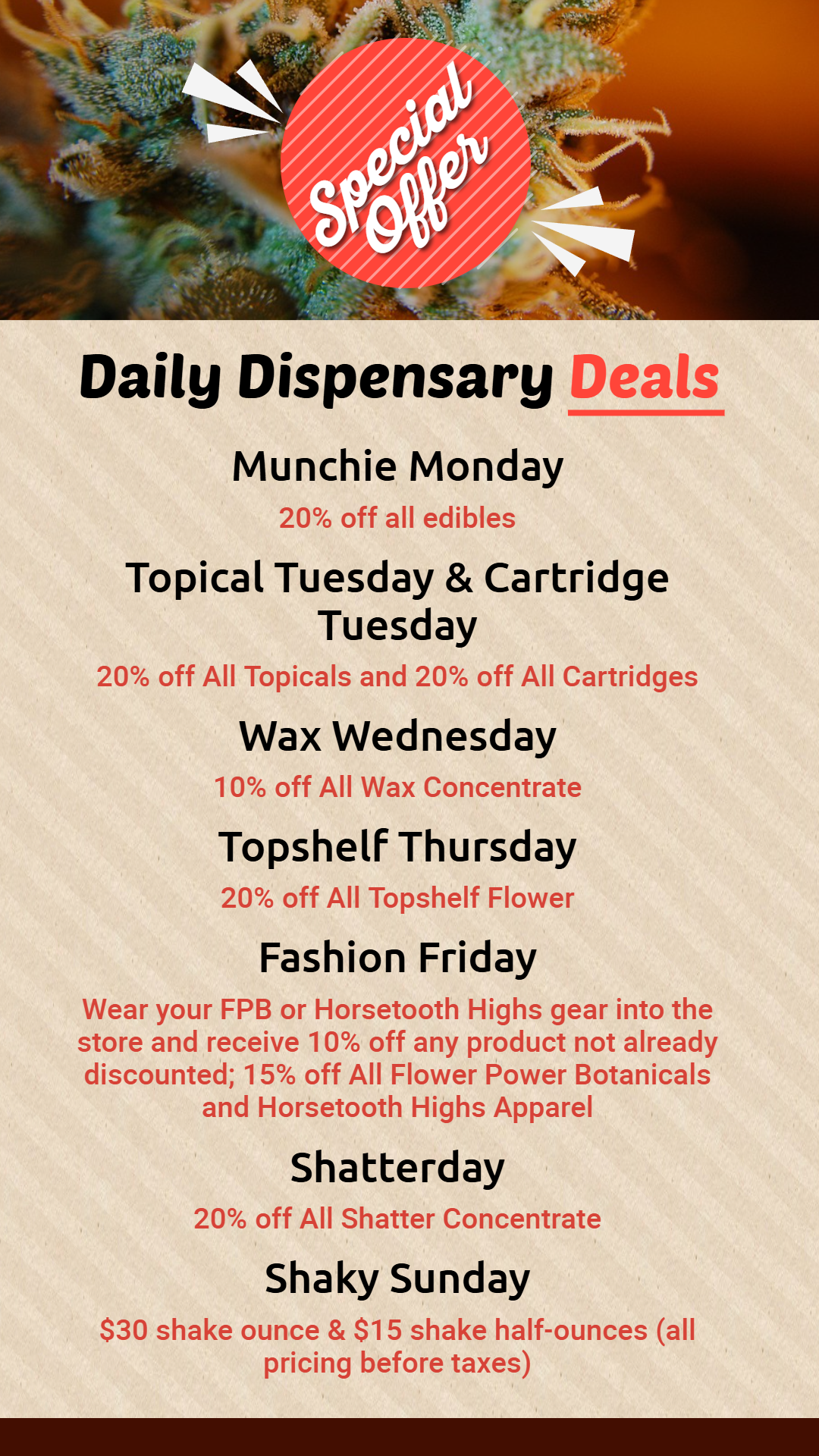 Daily dispensary deals digital menu board template | Cannamako Marijuana menu design tool