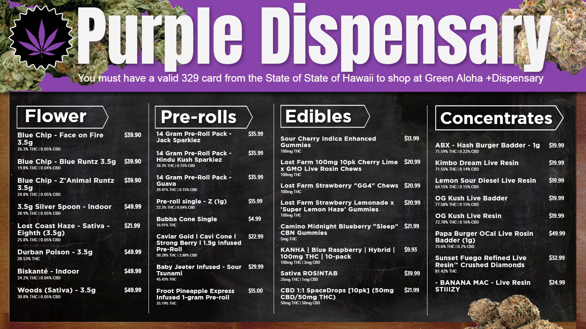 Simple chalk dispensary menu | Cannamako Marijuana menu design tool