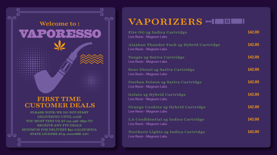 Vaporizer digital menu | Cannamako Cannabis (Marijuana) digital menu maker