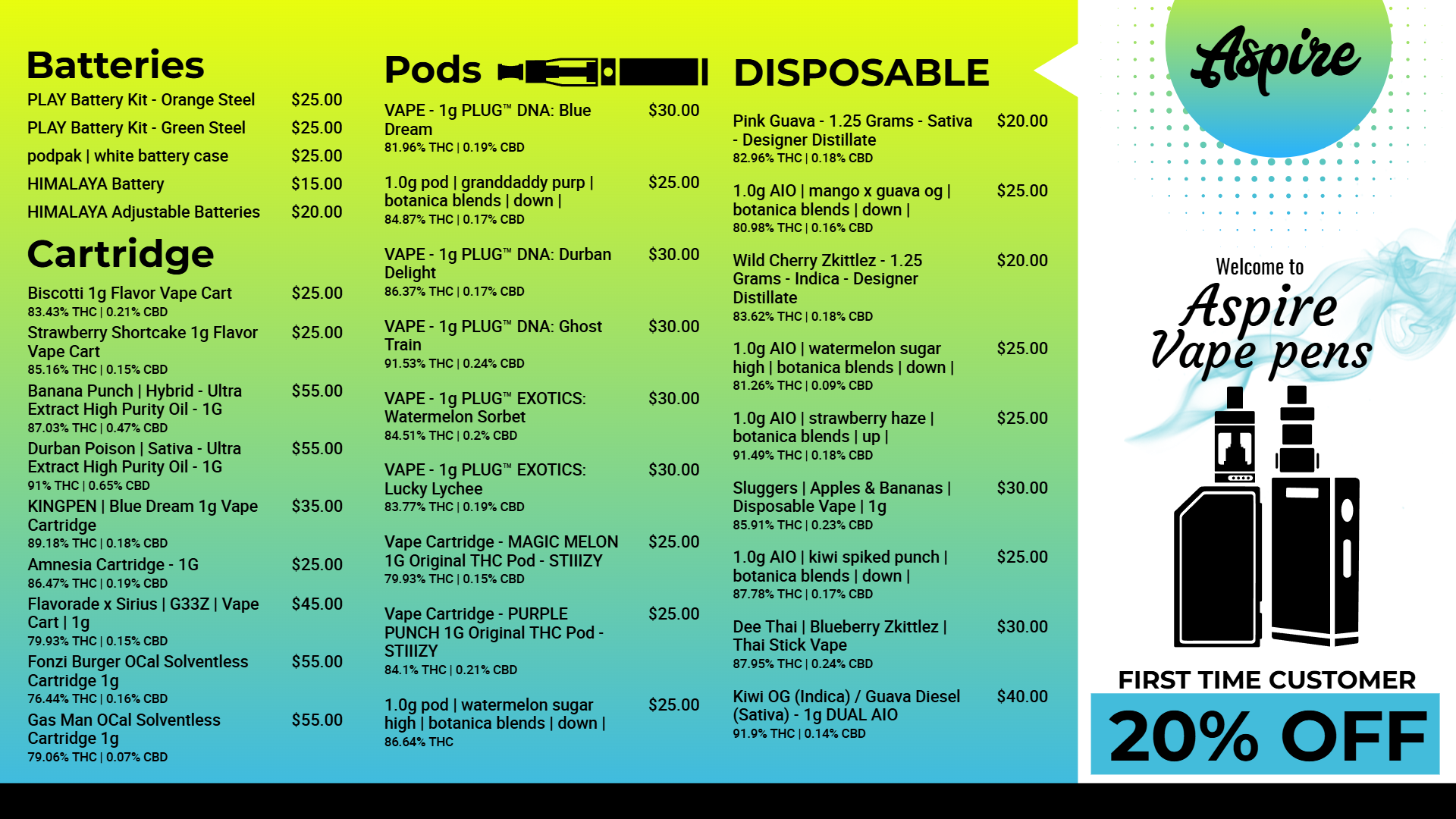 Vape pens menu | Cannamako Marijuana menu design tool